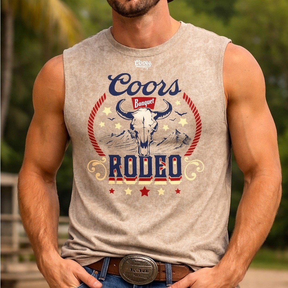Hybrid Apparel Coors Rodeo Graphic Tank Top in Beige and Navy